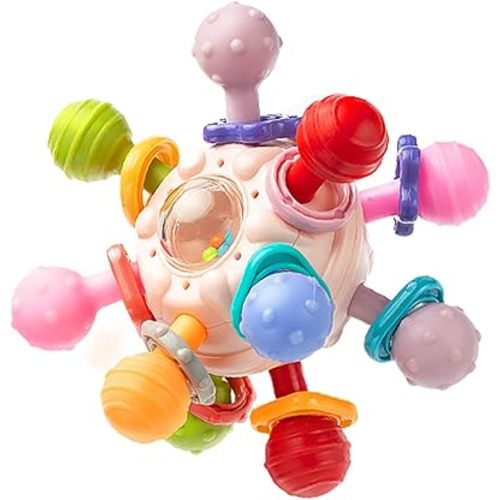 Baby Sensory Teething Toys, Atomic Ball Chew Toys Rattle & Teether Grasping Activities Infant Toy for 0 6 12 Months Boys & Girls Gift(Pink)