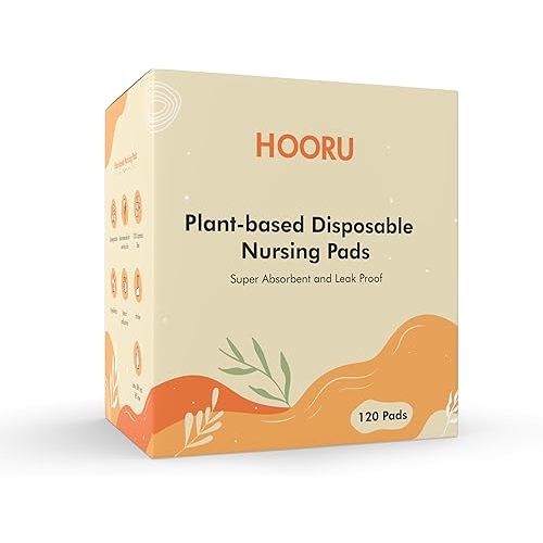 Hooru Plant Derived Disposable Nursing Pads - 120 pcs, Total Chlorine Free, Ultra-Absorbent & Leak-Proof, Soft on Sensitive Skin for Breastfeeding Moms