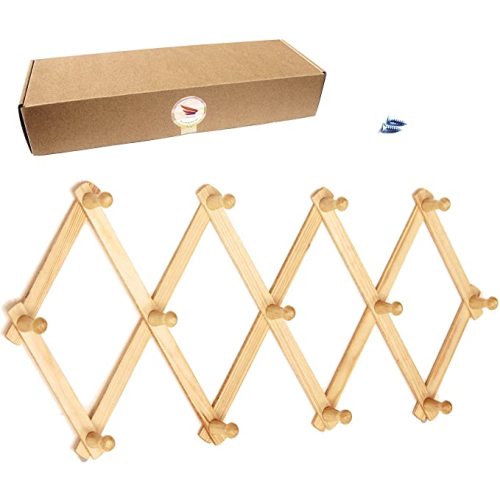 AMAPON Accordion Style Expandable Wall Wooden Coat Rack 13 Hooks (Pegs) Hang Hats Jackets Coffee Mug Purses Necklaces Towels Cap Leash Scarves Data Line Kitchenware