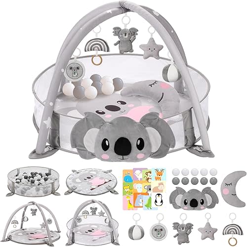 7-in-1 XL Large Baby Play Gym Mat, Tummy Time Mat, Baby Activity Mat, Baby Gym & Ball Pit with Tummy Time Pillow, 10 Balls, Milestone Cards & 5 Detachable Toys Pink Koala