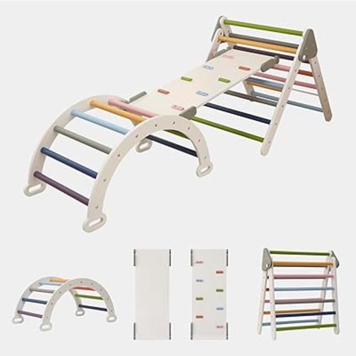 Pikler Triangle Set 5 in 1, Montessori Climbing Set Indoor Playground for Toddlers Kids 1-3 Year, Foldable Climbing Gym Toys for Boys Girls, 1-3 Inside Wooden Toy with Ramp, Arch and Ladder(Rainbow)