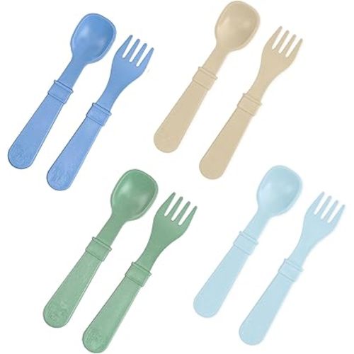 Re-Play Toddler Forks and Spoons Set - 4x4 Toddler Utensils Set - Dishwasher and Microwave Safe - Made in USA - Pack of 8-5.8" x 1.2" x 0.2" - Meadow