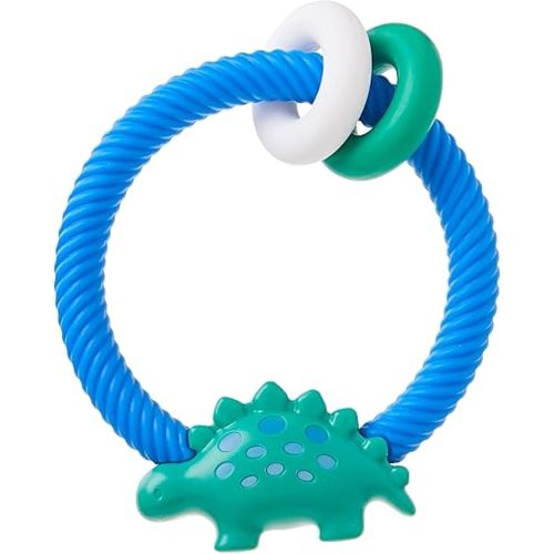 Itzy Ritzy Silicone Teether with Rattle; Rattle Teether Features Rattle Sound, Two Silicone Teething Rings and Raised Texture to Soothe Gums; Ages 3 Months and Up (Dinosaur)