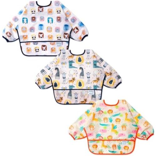 3 Pcs Long Sleeved Bib Set | Baby Waterproof Bibs with Pocket Bundle Toddler Bib with Sleeves and Crumb Catcher 6-24 Months