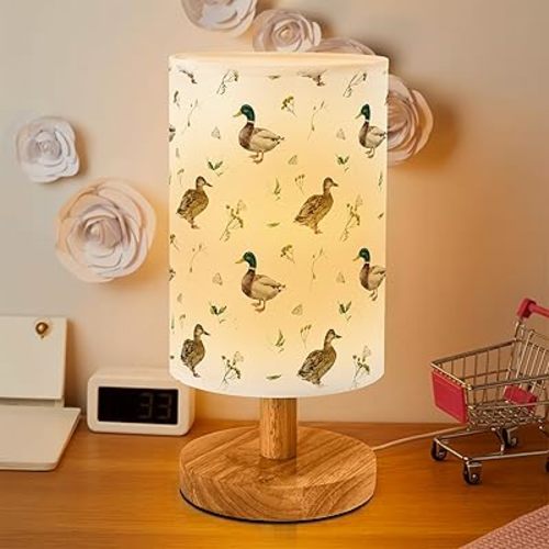 Mallard Duck Bedside Table Lamp for Bedroom with USB Port, Funny Cozy Kids Nightstand Lamp with Wood Base Polyester Fabric Shade for Living Room Dorm Desk (White)