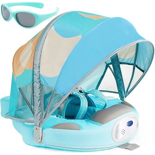 Mambobaby Newest Non Inflatable Baby Float Size Improved Add Tail Avoid Flip Over Swim Trainer Solid Infant Pool Float with Canopy UPF 50+ Swim Ring