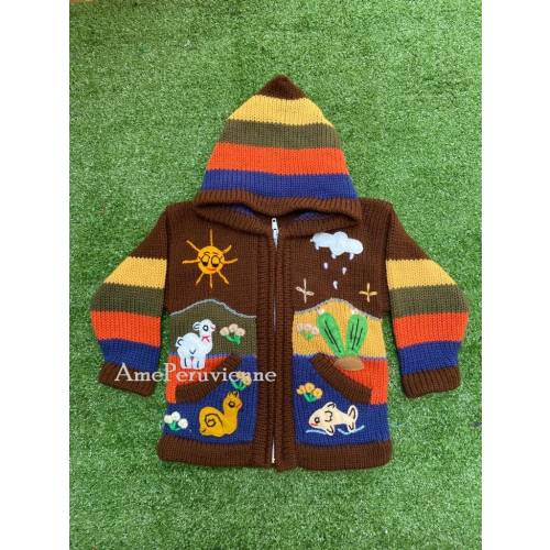 Brown Children peruvian hoodie sweater, Unique Peru Kids Wool Cardigan, Peruvian toddler wool jacket, Toddler embroidered sweater kids