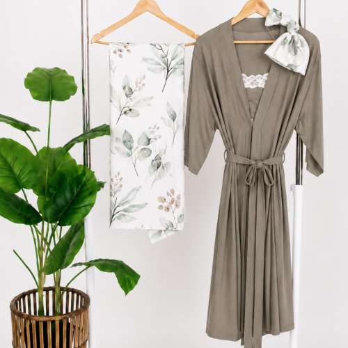 Sage Green Maternity Robe and Leafy Swaddle Set, Rayon Blend, Newborn Gift