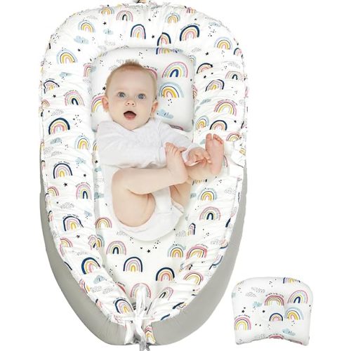 JIFTOK Baby Nests Lounger for Newborn, Snuggle Sleeping Bassinet for 0-24M, Breathable Portable Co Sleeping Bed, Baby Essentials Adjustable Infant Soft Cotton Loungers for Home & Travel -Rainbow