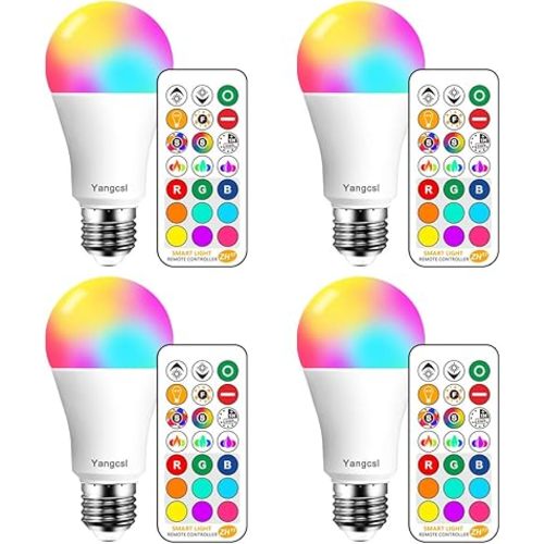 LED Light Bulbs 85W Equivalent 1200lm, RGB Color Changing Light Bulb, 6 Moods - Memory - Sync - Dimmable, A19 E26 Screw Base, Timing Remote Control Included (Pack of 4)