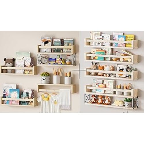 16.5inch Floating Nursery Book Shelves Set of 4+1 and 24 inch Floating Bookshelves for Wall, Natural Solid Wood Kids Bookshelf