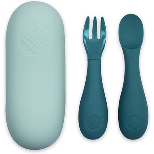 TUM TUM Baby Cutlery with Case, Baby Spoon & Fork Set, Baby Cutlery for Babies, First self Feeding Cutlery, Silicone Baby Spoon & Fork, 6 Months Plus, (Blue)