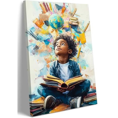 Black Boy Reading Canvas Wall Art Inspirational Books For African American Boys Painting Picture Wall Decor African Boy Poster Print Artwork for Teenagers' Living Room Study Home Decoration