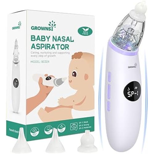 GROWNSY Nasal Aspirator for Baby | Baby Nose Sucker | Electric Nose Suction for Toddler, Ergonomic Booger Sucker with 3 Silicone Tips, Music & Light Soothing Function (Purple)