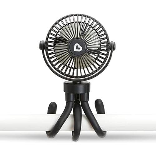 Munchkin Stroller Fan - Portable Fan for Travel, Baby Gear Accessory with 4 Speeds, Flexible Clip-on Leg Attachment, Rechargeable Battery, Black with Multicolored LED Lights