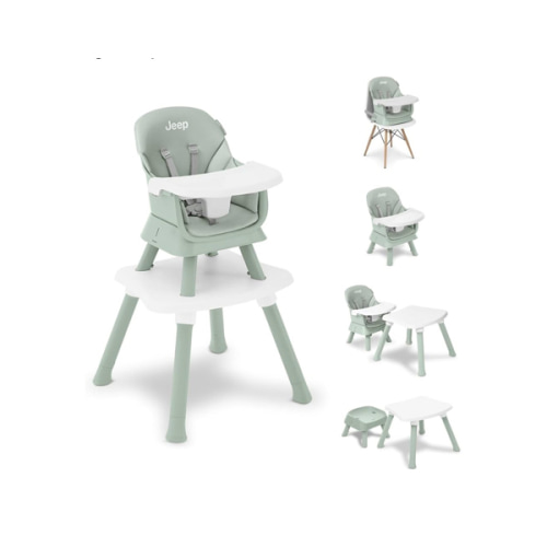 Jeep Milestone 6-in-1 High Chair by Delta Children - High Chair Converts to Stool, Booster Seat, Toddler Chair, Activity Table and Desk and Chair, Sage Green