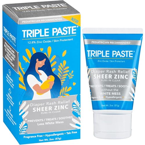 Triple Paste Sheer Zinc Oxide Diaper Rash Ointment, Hypoallergenic Diaper Cream that Rubs in Clear for Less White Mess, 2 oz Tube