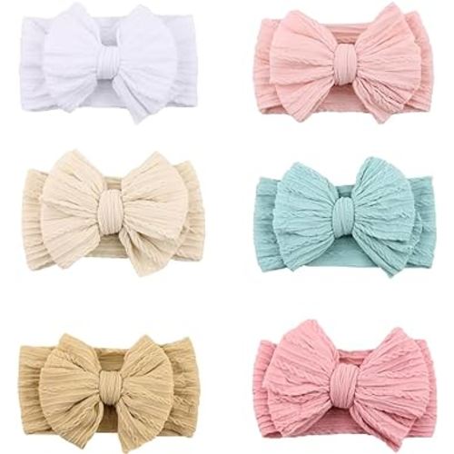 Stretchy Headbands with Bows for Newborn, Infant and Toddler Girls, Beige Unisex Head Wraps (6 Pack, 03H-09)