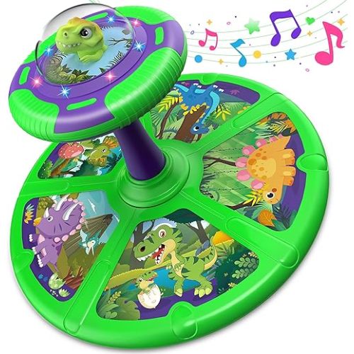 Flooyes Dinosaur Sit and Spin Toys for Toddlers Boys 1 2 3 Years Old, Birthday Gift for Boys Age 2-4 with LED Lights and Music, 360° Spin