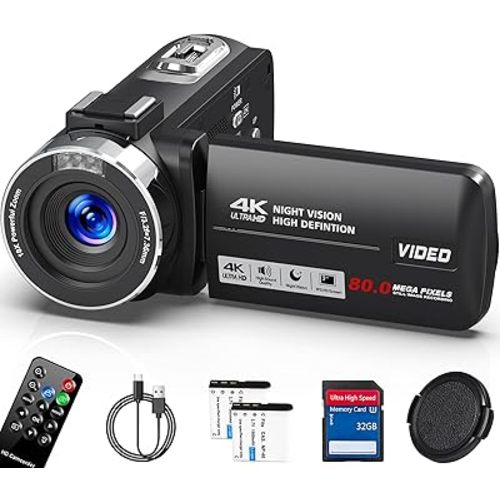 Camcorder Video Camera 4K HD 80MP Vlogging Camera for YouTube, 30FPS IR Night Vision Camera, 18X Digital Zoom 3.0 270°IPS Screen Video Camera with SD Card, 2 Batteries, Remote Control