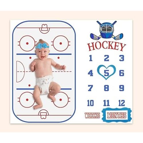 Baby Age Milestone Blanket, Hockey Stadium Blanket for Nursery, Baby 1-12 Months Growth Chart, Includes 4 Frame and 1 Headband 47"x40" BTLSPH298