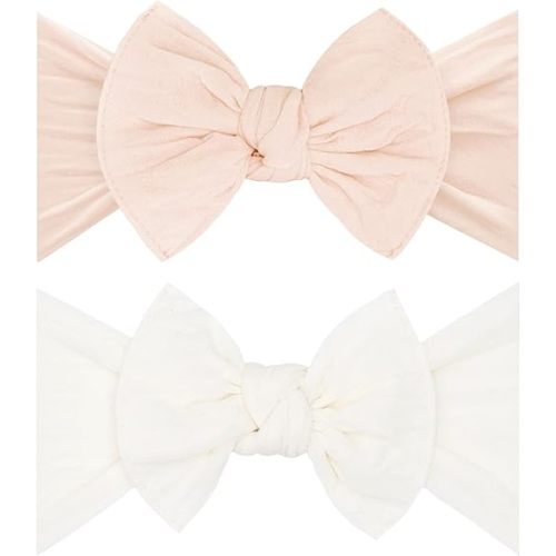 Baby Bling Bows - Newborn to Little Baby Girl Bows, 2 Pack Nylon Super Soft Stretchy Knot Toddler Headbands, Perfect Hair Accessories Head Bands for Infant Kids(Petal & Ivory)