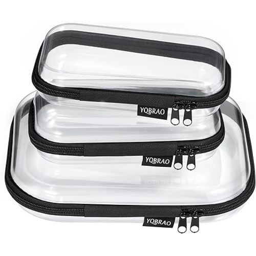 Clear Hard Shell Zipper Case 3 Pack, Hard Plastic Bag, Clear Travel Toiletry Pouch,Portable Cosmetic Bag with Zipper,Toy Storage Bins, Pencil Storage Organizer, Office Supplies Storage Case