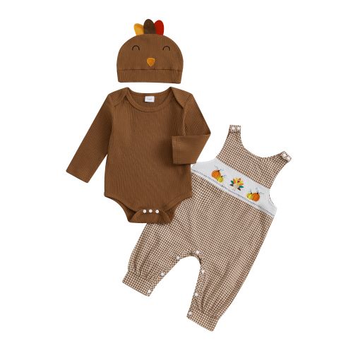 Newborn Baby Boy Girl My First Halloween Thanksgiving Outfit Long Sleeve Turkey Pumpkin Romper Suspender Pants Hat Fall Winter Clothes