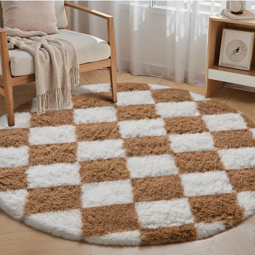 Checkered Brown White Shag Washable Area Rug – PureCozy