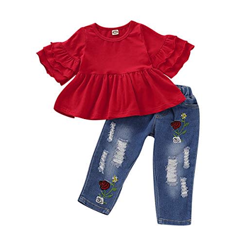 NZRVAWS Baby Girl Clothes Toddler Girl Outfit Infant Ruffle Shirt Denim Ripped Jeans Cute Clothing Set