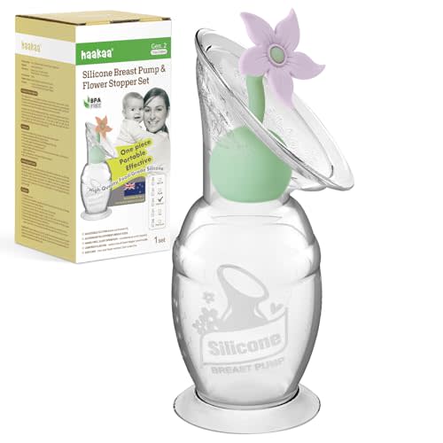 haakaa Manual Breast Pump with Flower Stopper Set, Gen.2 Silicone Hand Pump with Suction Base, BPA Free (5oz/150ml, Lavender)