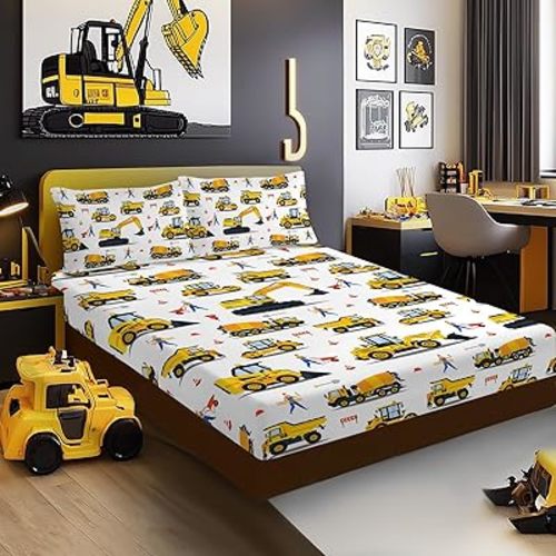 Yasida Full Size Bed Sheets Boys Full Car Fitted Sheet Cartoon Excavator Truck Lifter Bedding 3D Printed Washable Machines Sheets with 1 Fitted Sheet + 2 Pillowcases