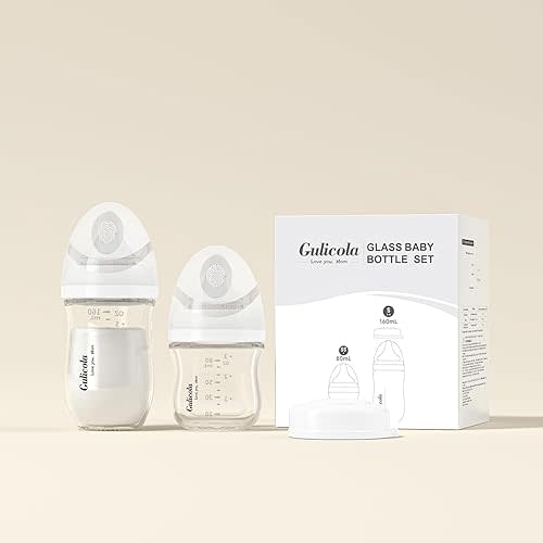 Natural Glass Baby Bottle Newborn Set, 3 oz and 5 oz with Extra Slow Flow & Slow Flow Nipple, Anti Colic, 0-3 Months, 2 Pack - White