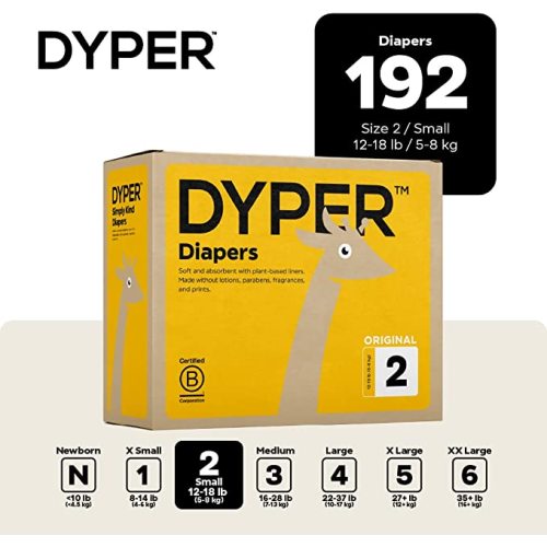 DYPER Baby Diapers Size 2 (192 Count) – Plant-Based, Hypoallergenic, Fragrance Free & Ultra Absorbent Disposable Diapers for Day and Overnight Skin Protection, Monthly Pack Size 2 Diapers