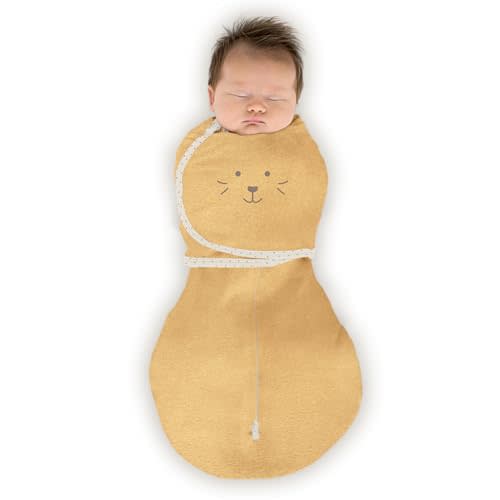 SwaddleDesigns 6-way Omni Swaddle Sack, Arms Up Swaddle for Newborn, More Options to Calm Startle Reflex, Improves Sleep, Easy Transition Baby Sleep Sack, Small, 0-3 month, Gold, Cute Animal Face