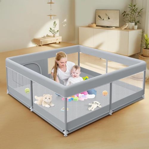 Baby Playpen 50 x 50 Inch Play Pen Playards, Playpen for Babies and Toddlers, Baby Playard for Indoor & Outdoor Active Center Game Fence, with Skin-Friendly Fabric and Soft Breathable Mesh Grey