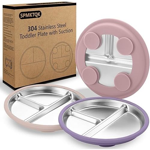 SPMKTQK 3 Pack Stainless Steel Kids Plates with Suction, 8.1” Divided Toddler & Baby Plates, Non Slip Metal Plates for Kids, Removable Silicone Sleeves, Dishwasher Safe for Baby Led Weaning