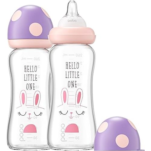 YOHKOH Natural Glass Baby Bottle with Natural Response Nipple, Newborn Anti-Colic Baby Bottles, Wide Neck Mushroom Cap Baby Bottle, Clear ((8.8oz (Pack of 2), Purple)
