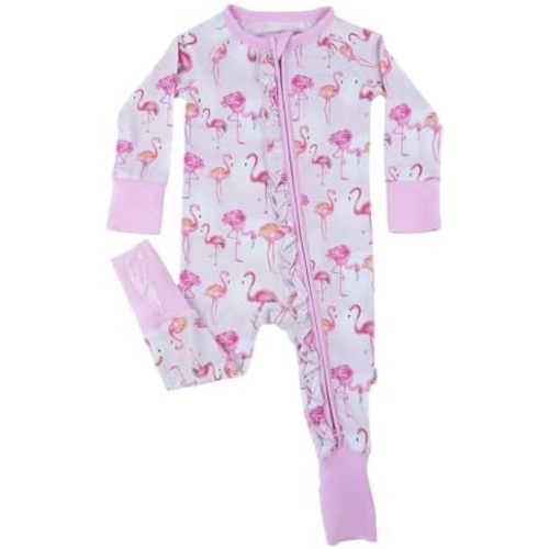 Viscose derived from Bamboo Ruffled 2-Way Zipper Pajama, Baby Girl & Toddler Footed Romper PJ - The Flamingos