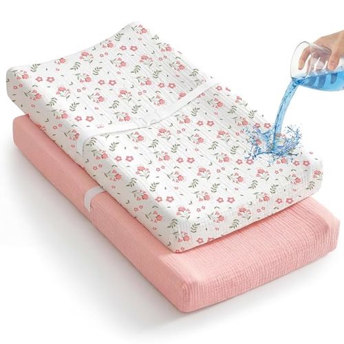 2 Pack Waterproof Muslin Changing Pad Cover with Safety Strap Hole, TPU Leakproof Protection Soft Muslin Baby Changing Table Covers for Boys & Girls, Fits 32" x 16" Changing Pad,Pink Blossom