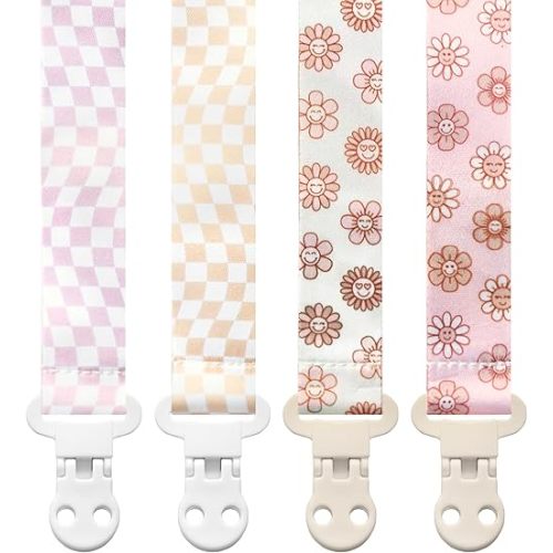 Baby Pacifier Clip Holder - Girl 4 Pack Gift Set – Retro Checker Smiley Flowers Floral Pink Beige Yellow