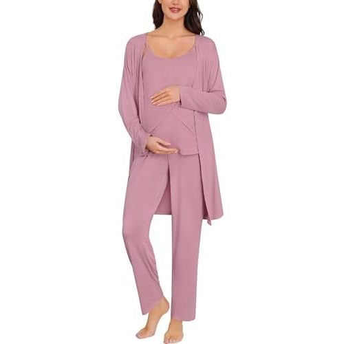 SWOMOG Maternity Pajamas Set 3 PCS Nusing Pajamas Labor and Delivery Gown & Camisole & Pants Postpartum Pjs