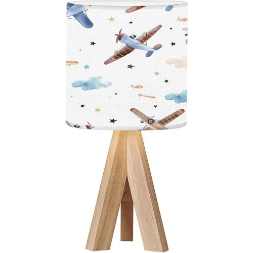 Tripod Bedside Desk Table Lamp Cute Kids Watercolor Pattern for boy Airplanes Clouds Wood Nightstand Lamp with Linen Fabric Shade for Nursery Bedroom Living Room Kids Room