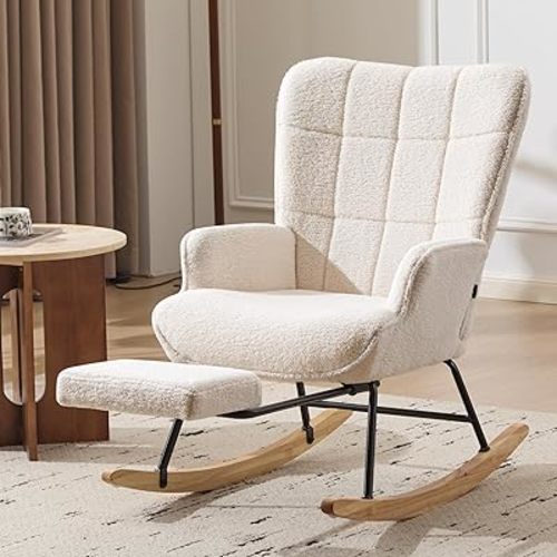 Furniliving Nursery Rocking Chair Modern Armchair Upholstered Glider Rocking Chair Accent Chair with Retractable Footrest Reading Chair with High Backrest Solid Wood Base for Bedroom, White, Teddy