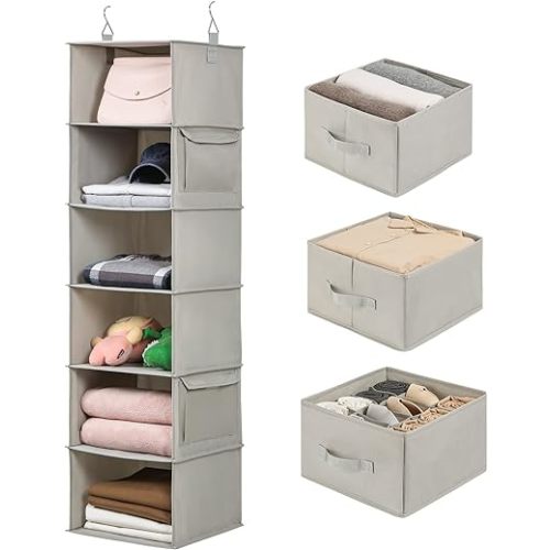 Vailando 6-Shelf Hanging Closet Organizer, Hanging Shelves for Closet with 2 Large Drawer&1 Drawer w/Compartment, 12'' x 12'' x 48.8'', Baby Organizer for Nursery…