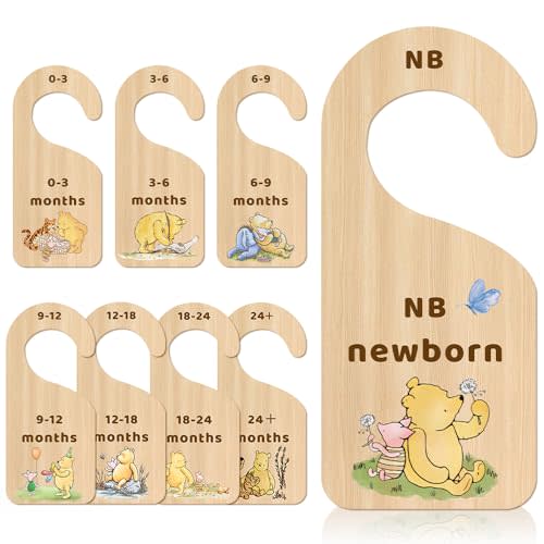 Classic Winnie Baby Closet Dividers, Pooh Bear Double Sided Baby Clothes Organizer for Baby Nursery Decor Wooden Hanger for Newborn Baby Stuff from 0-24+ Months - 8 Pcs