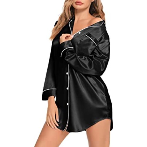 SWOMOG - Camisón de dormir de satén de manga larga para mujer, pijama de seda con botones