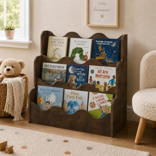 NACHES 3-Tier Montessori Bookshelf for Kids - Wooden Front-Facing Book Display Rack with Wave Design, Toy Organizer for Toddler Nursery, Bedroom, Classroom & Playroom, Middle Rustic Brown