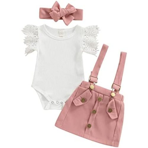 Madjtlqy Infant Girls Summer 3Pcs Outfit Sets Ruffle Short Sleeve Ribbed Romper + Suspender Skirt + Headband