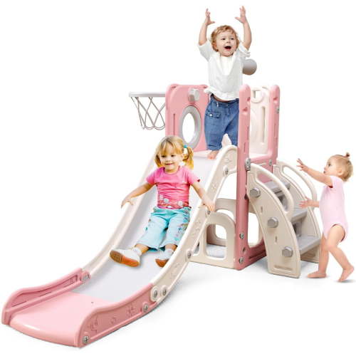 6 in 1 Toddler Kids Slide Playset, Indoor Outdoor Slide Toddler Playset with Storage Space and Non-Slip Steps for 1-3 Years Boys and Girls Pink